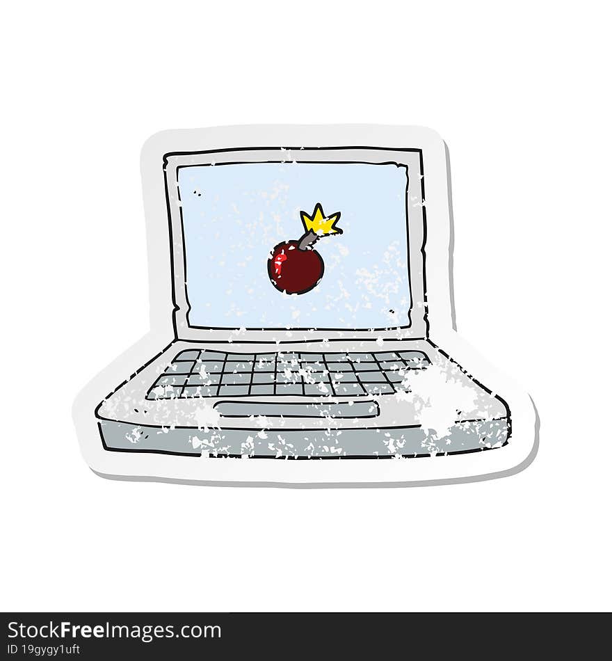 retro distressed sticker of a cartoon laptop computer with bomb symbol