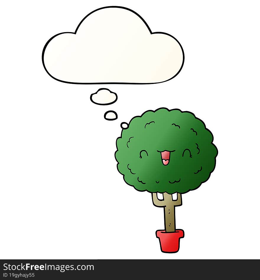 cartoon happy tree and thought bubble in smooth gradient style