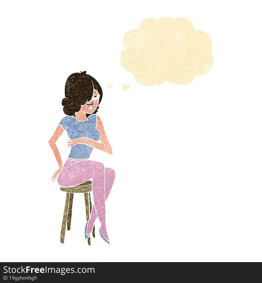 cartoon woman sitting on bar stool with thought bubble