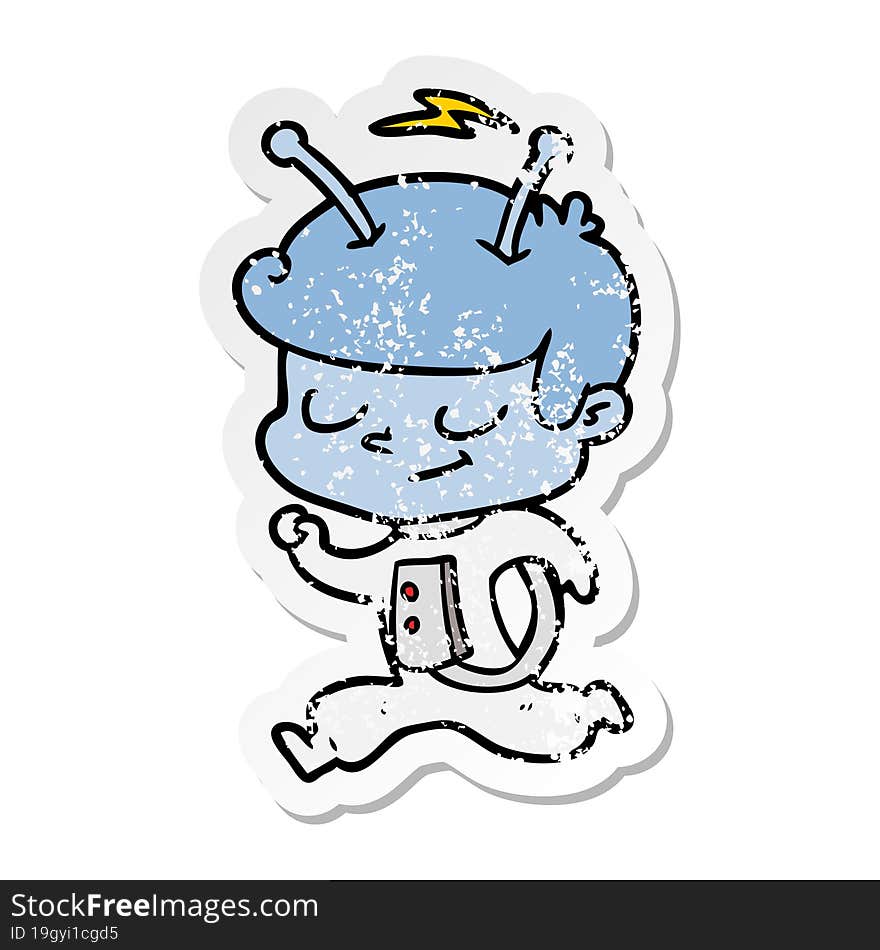 distressed sticker of a friendly cartoon spaceman running