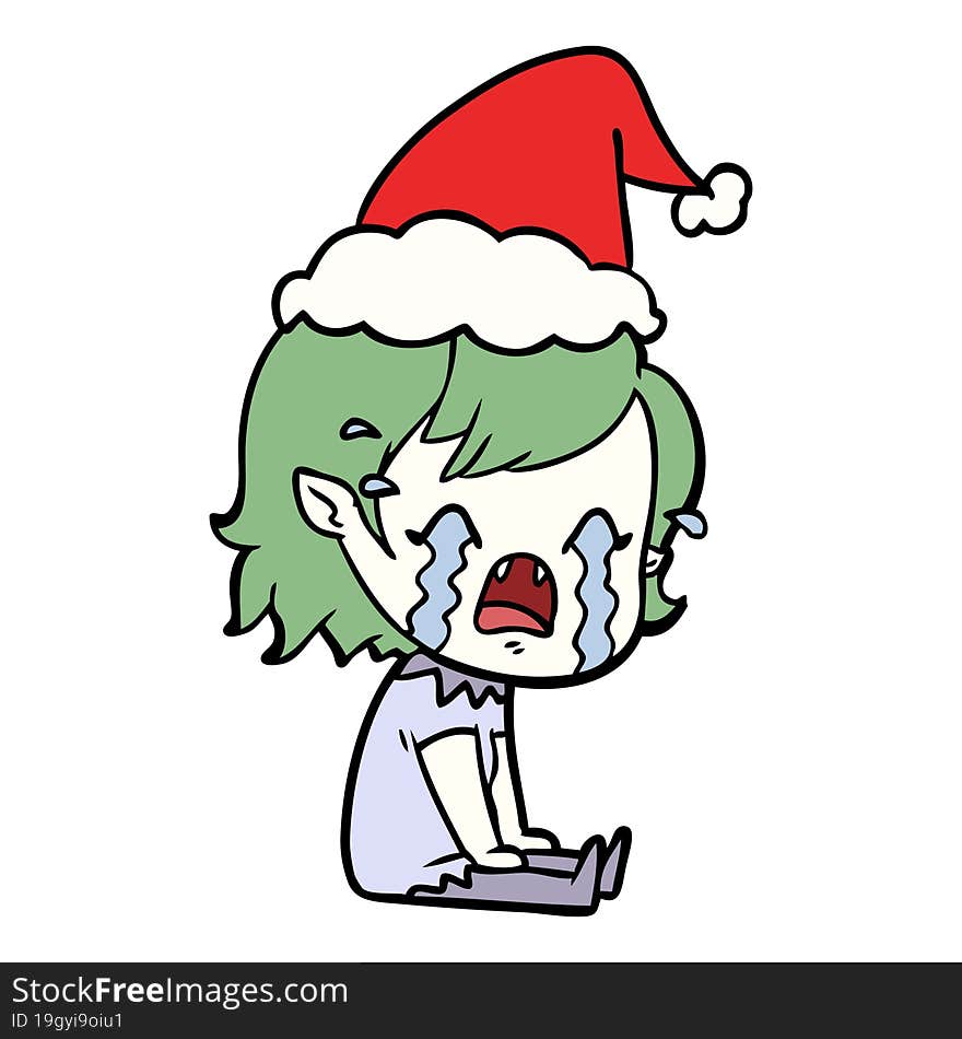 line drawing of a crying vampire girl wearing santa hat