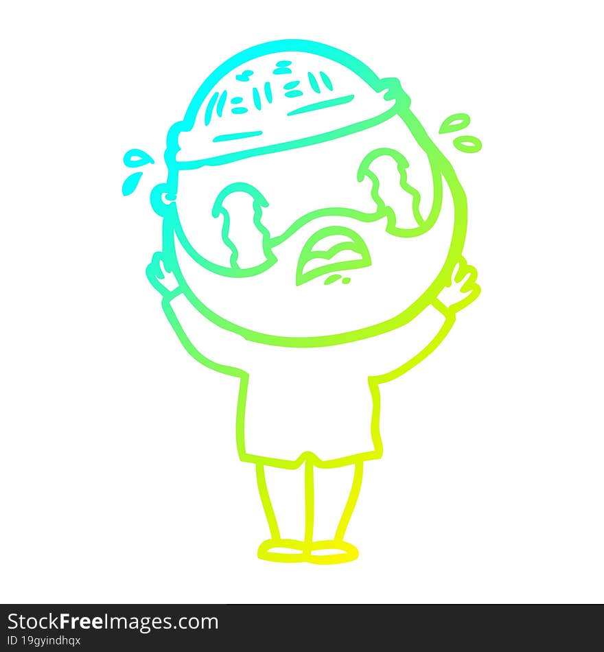 Cold Gradient Line Drawing Cartoon Bearded Man Crying