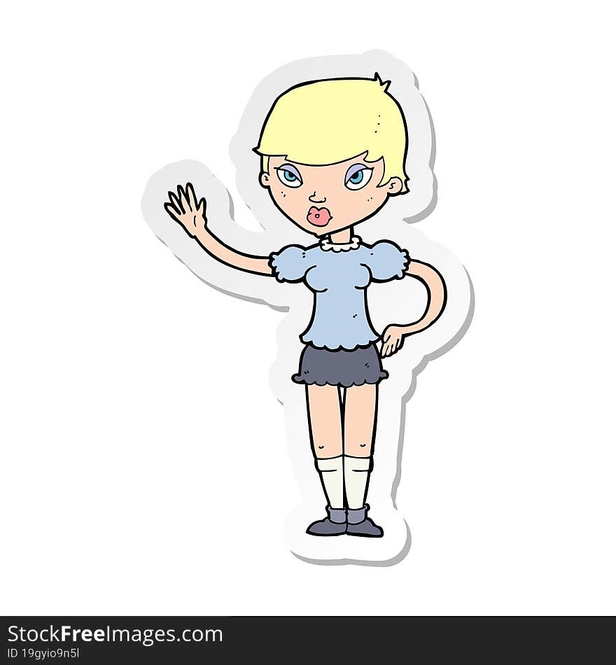 sticker of a cartoon woman waving