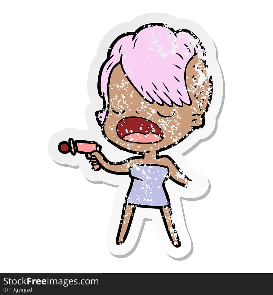 distressed sticker of a cartoon cool hipster girl talking