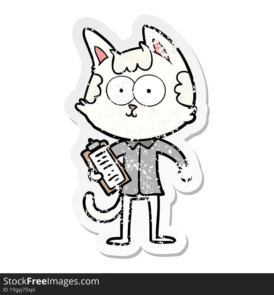 distressed sticker of a happy cartoon salesman cat