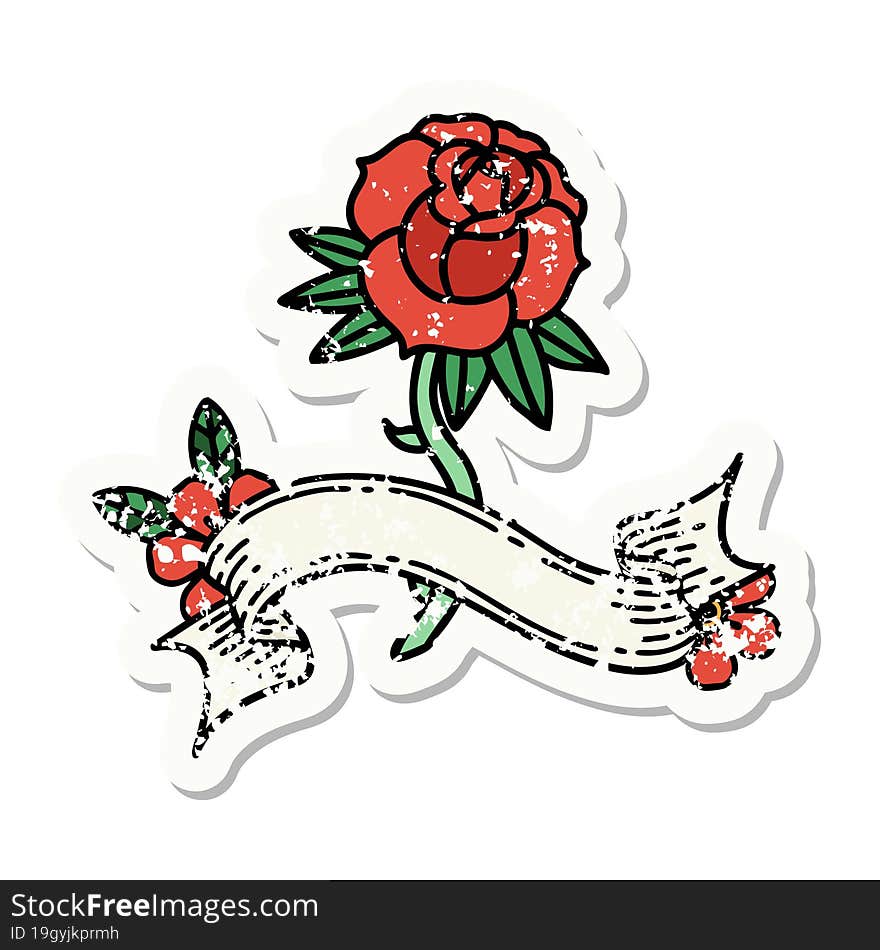 worn old sticker with banner of a rose. worn old sticker with banner of a rose