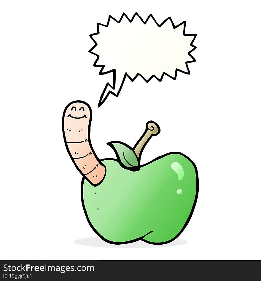 cartoon apple with worm with speech bubble