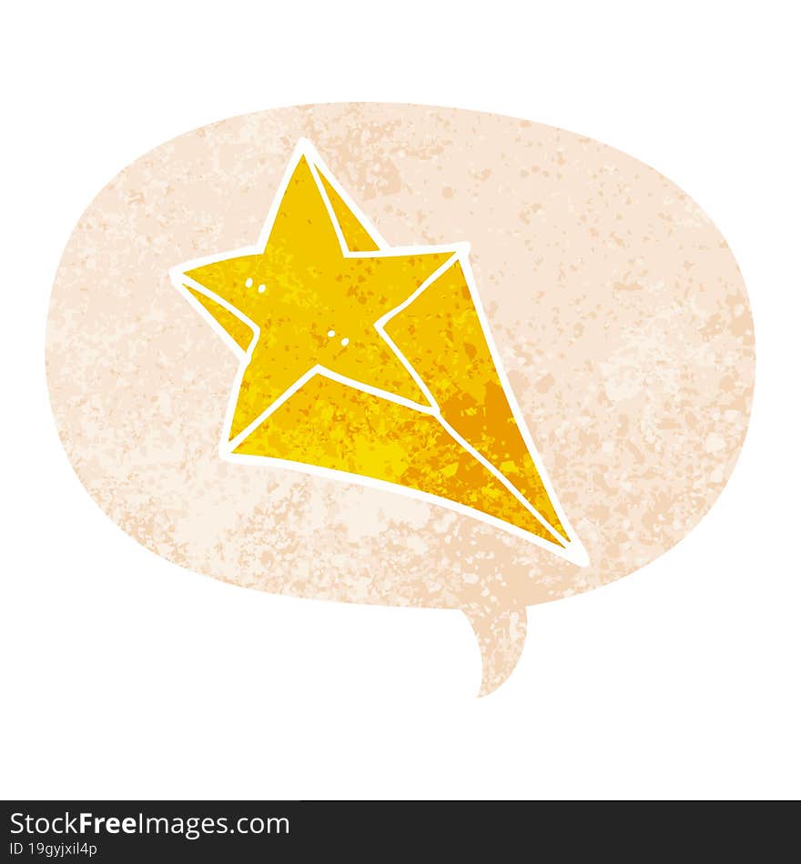 cartoon shooting star and speech bubble in retro textured style