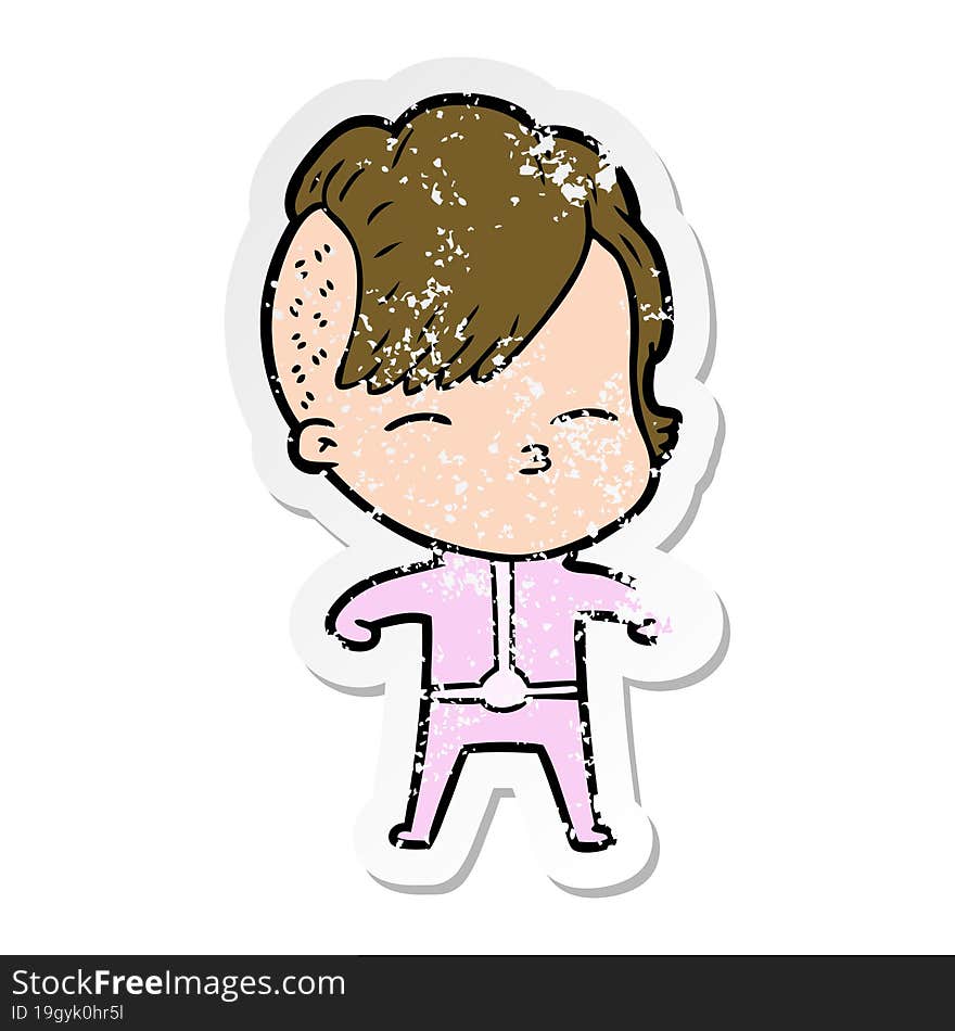 distressed sticker of a cartoon girl wearing futuristic clothes