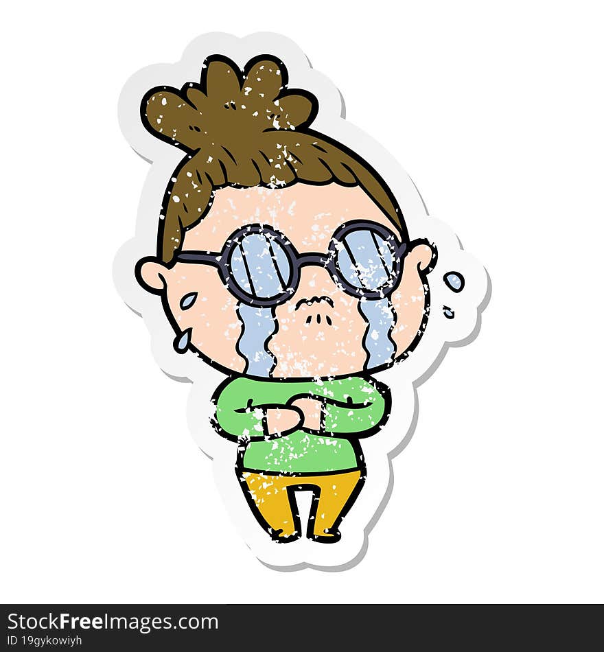 distressed sticker of a cartoon crying woman wearing spectacles