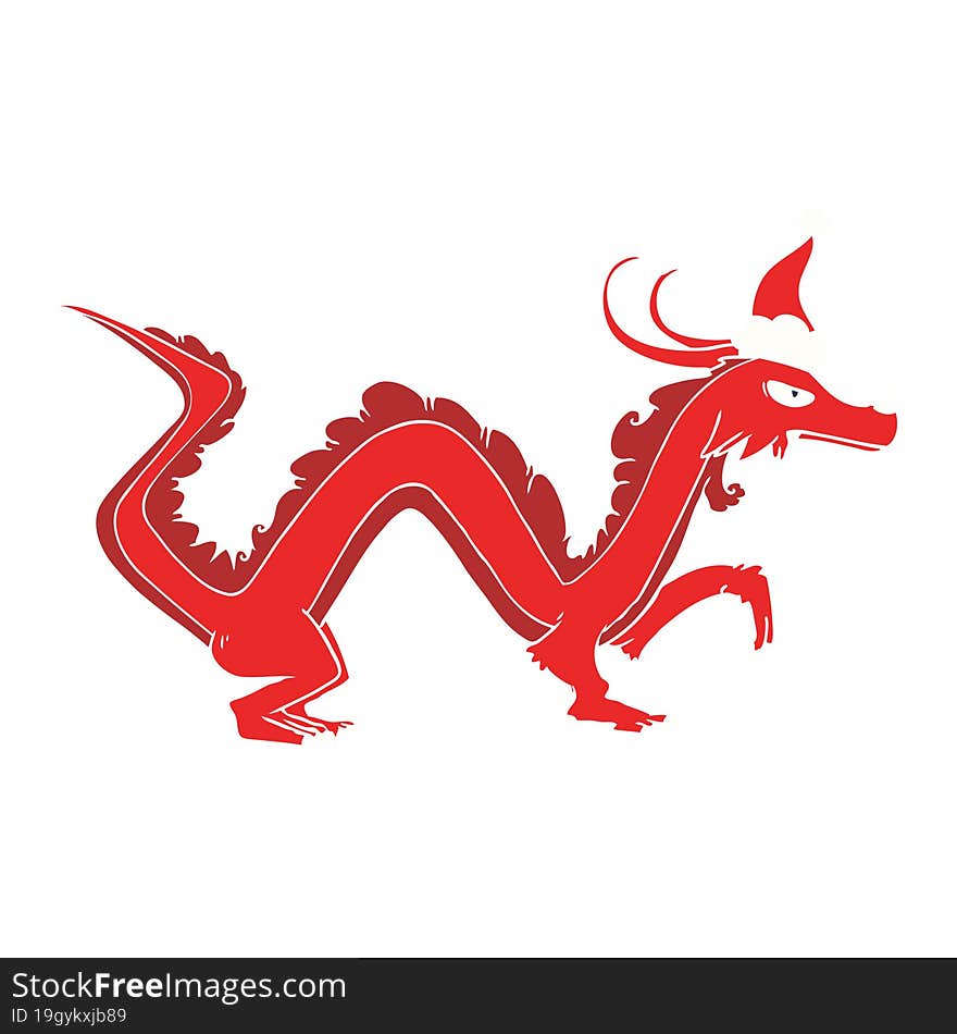 flat color illustration of a dragon wearing santa hat