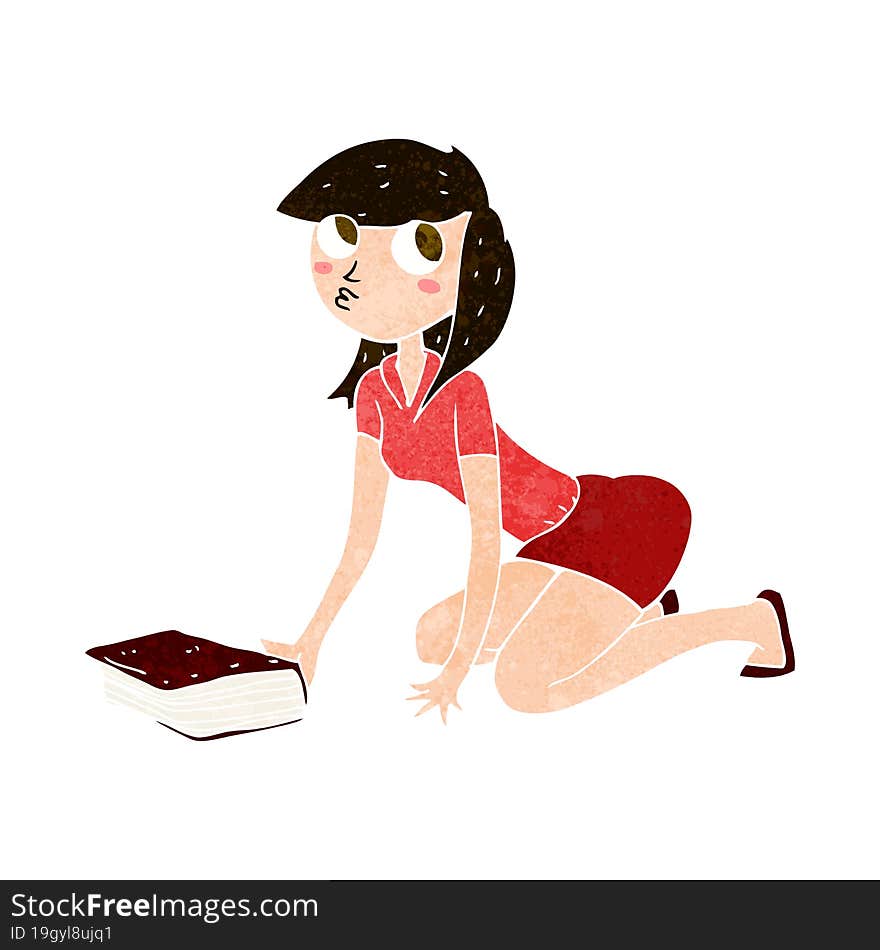 cartoon girl picking up book