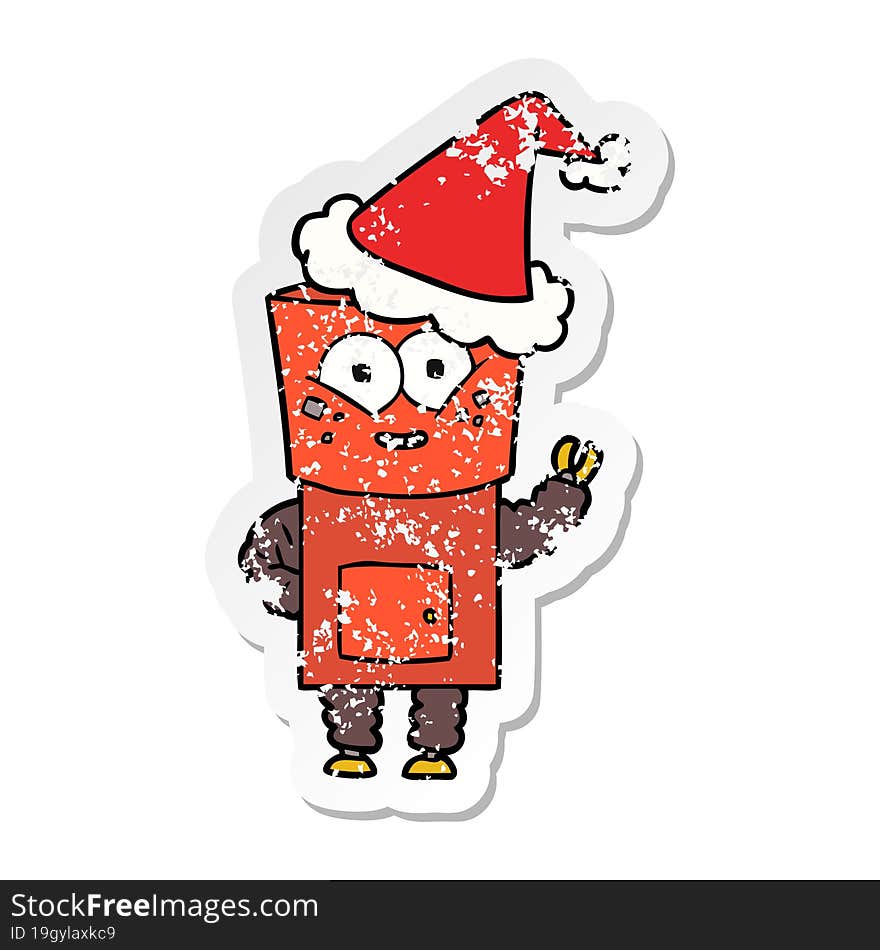 happy hand drawn distressed sticker cartoon of a robot waving hello wearing santa hat