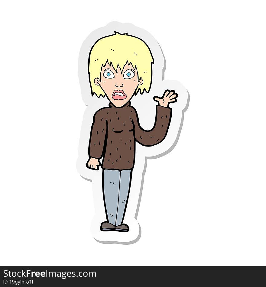 sticker of a cartoon shocked woman waving hand