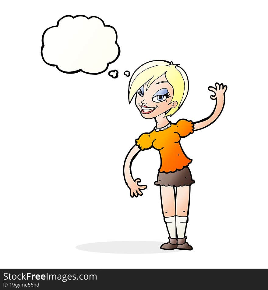 cartoon girl waving with thought bubble