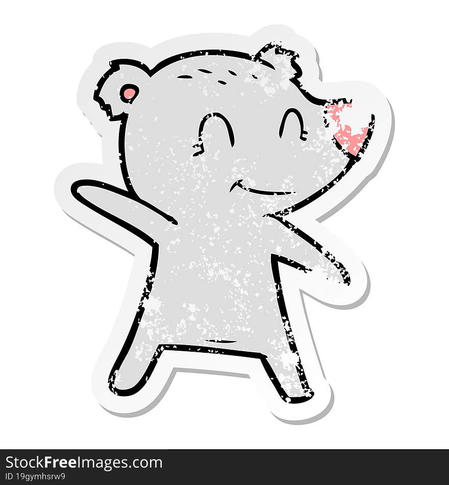 distressed sticker of a smiling bear pointing