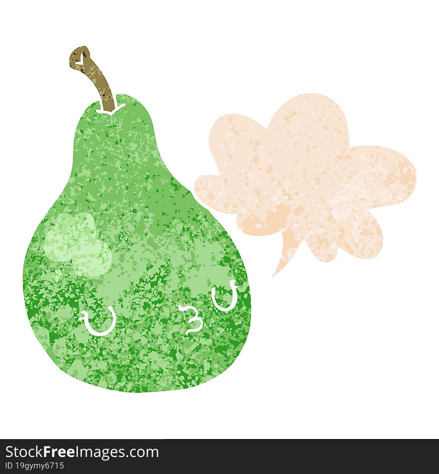 cartoon pear and speech bubble in retro textured style