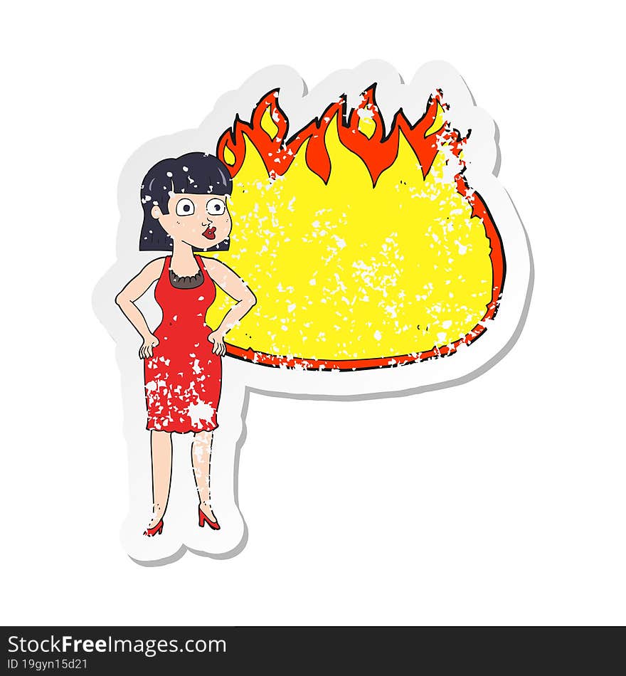 retro distressed sticker of a cartoon woman in dress with hands on hips and flame banner