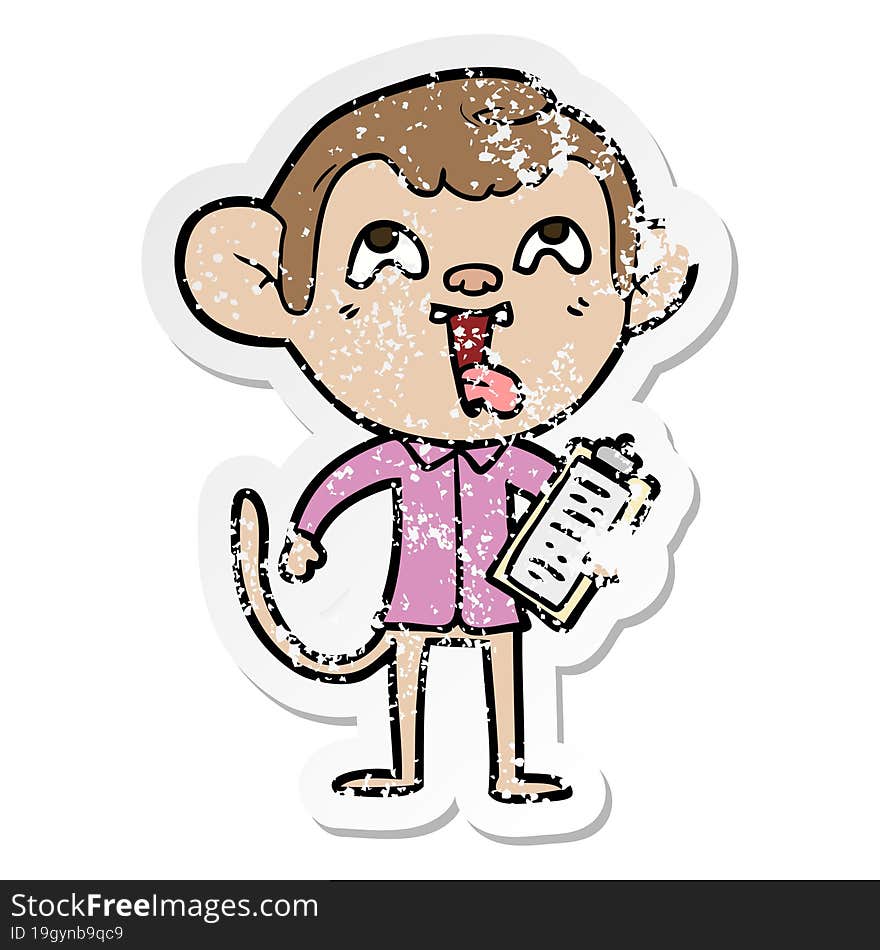 distressed sticker of a crazy cartoon monkey with clipboard