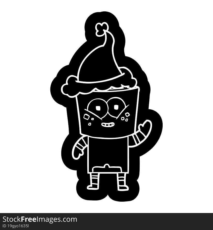 Happy Cartoon Icon Of A Robot Waving Hello Wearing Santa Hat