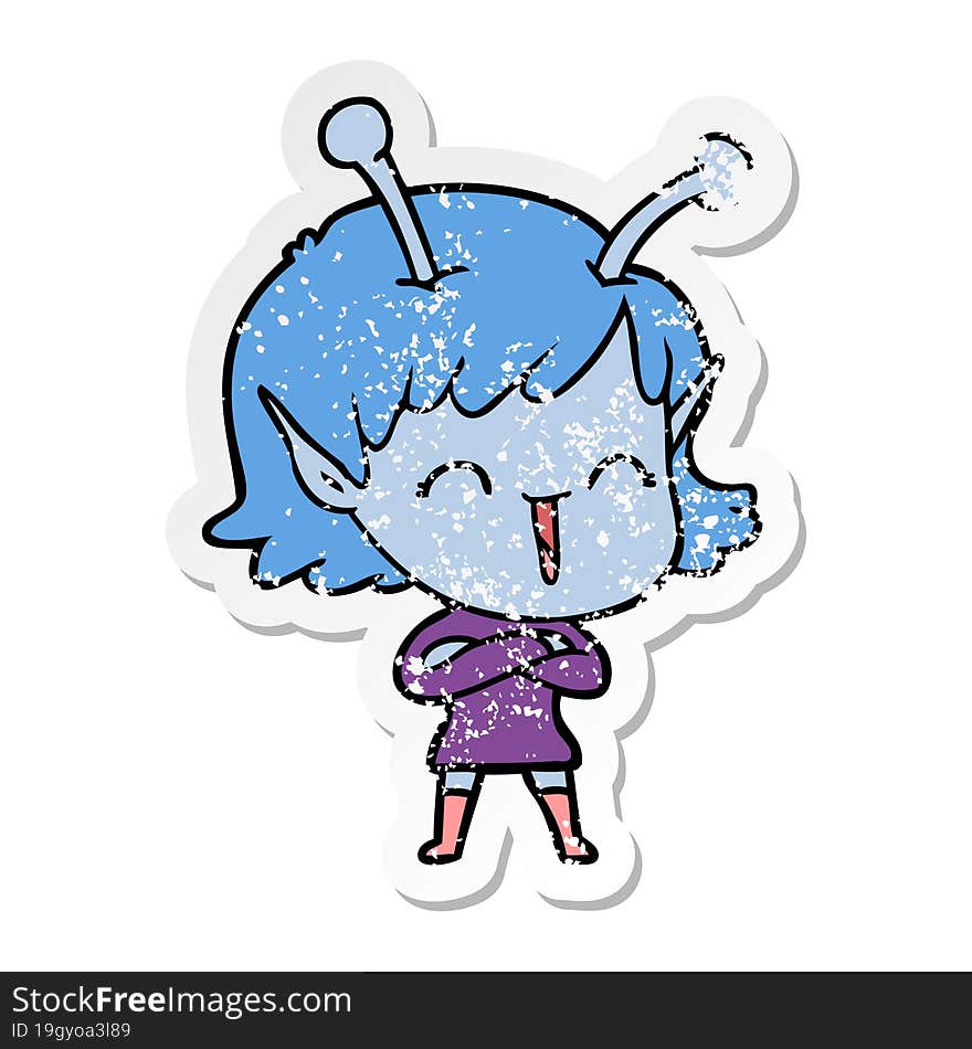 distressed sticker of a cartoon happy alien girl