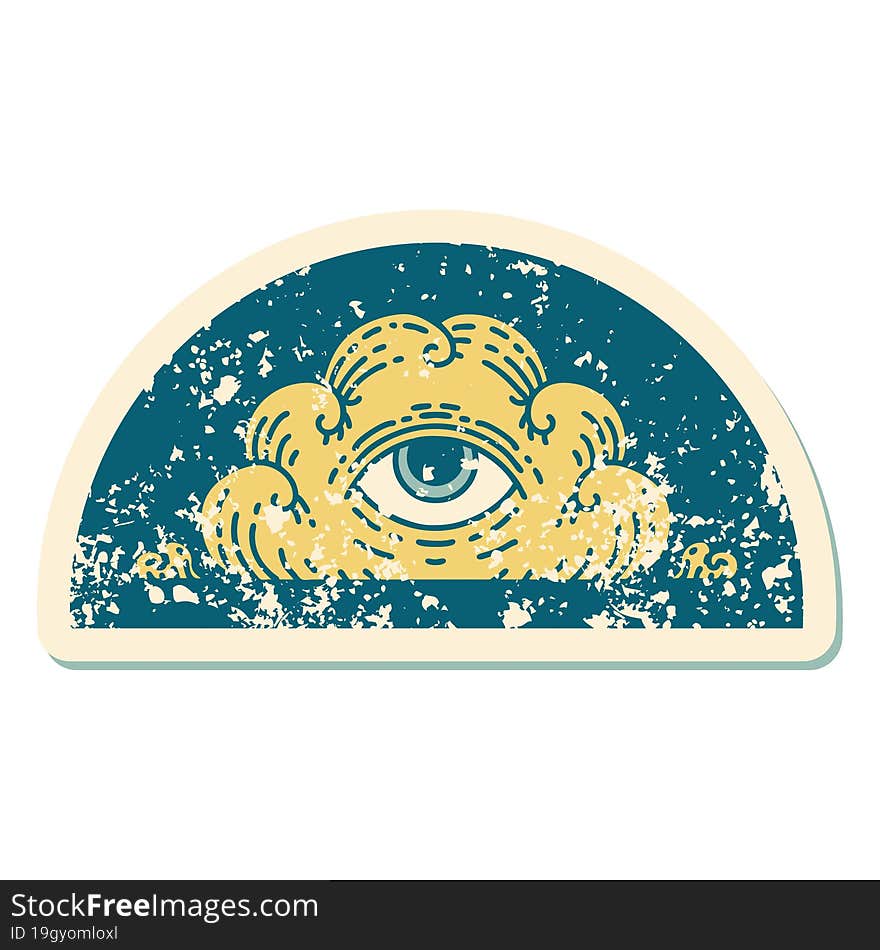 distressed sticker tattoo style icon of an all seeing eye cloud