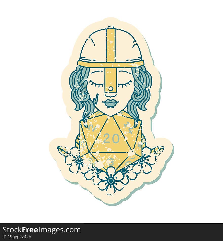 grunge sticker of a human fighter with natural 20 D20 dice roll. grunge sticker of a human fighter with natural 20 D20 dice roll