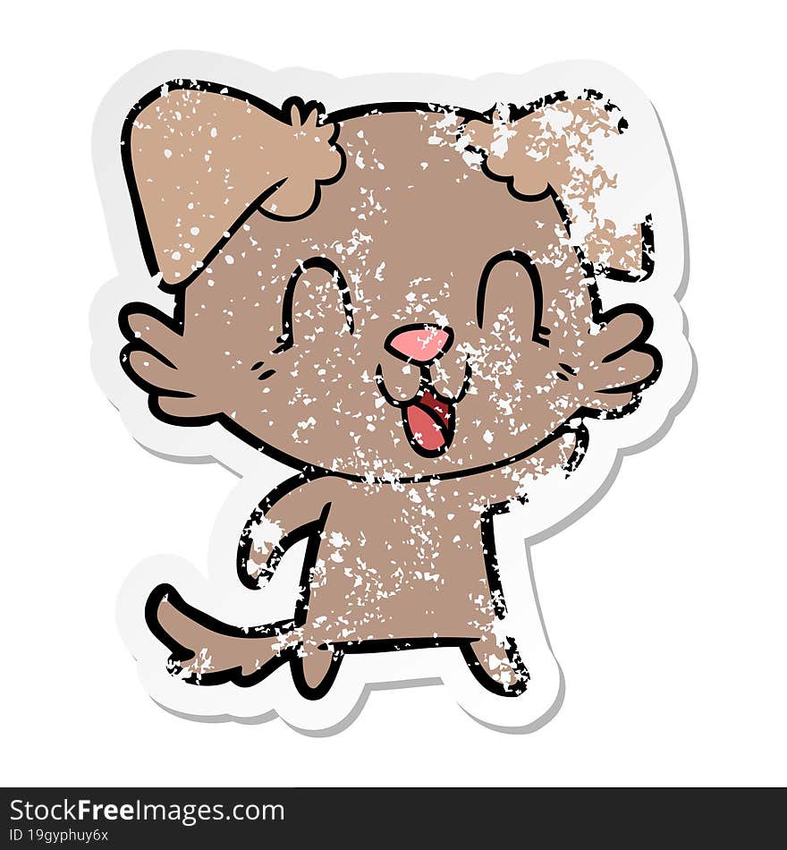 distressed sticker of a laughing cartoon dog