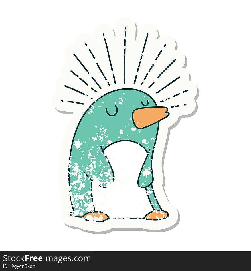 grunge sticker of tattoo style happy penguin