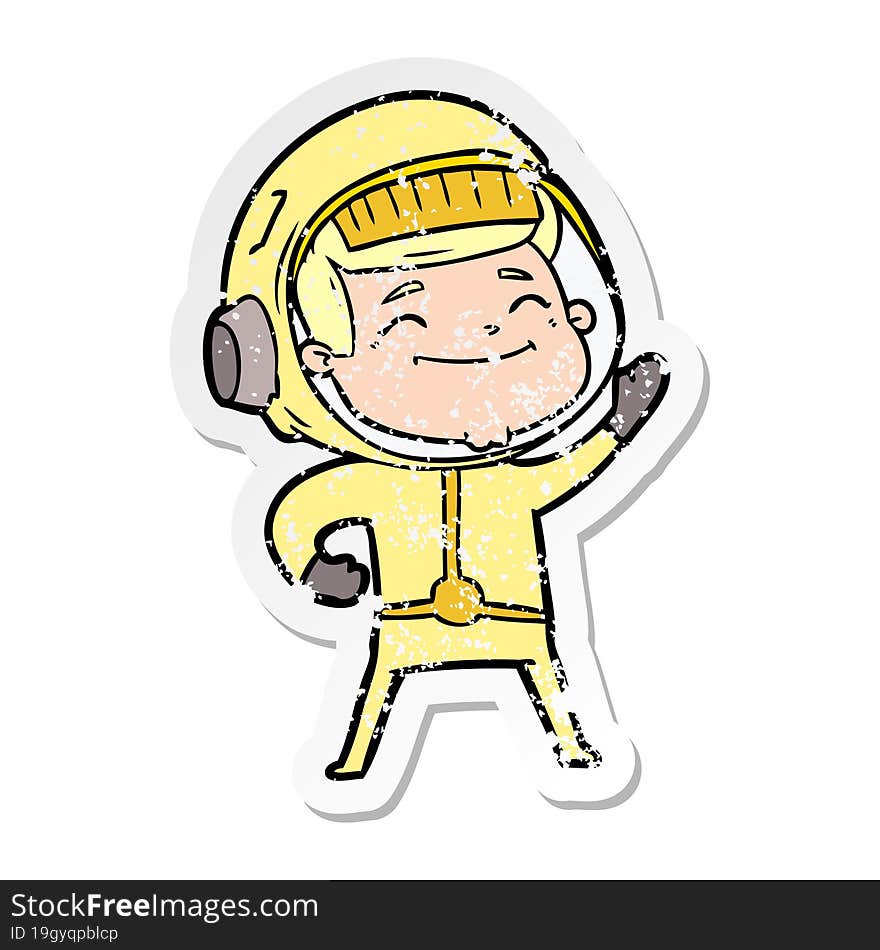 distressed sticker of a happy cartoon astronaut