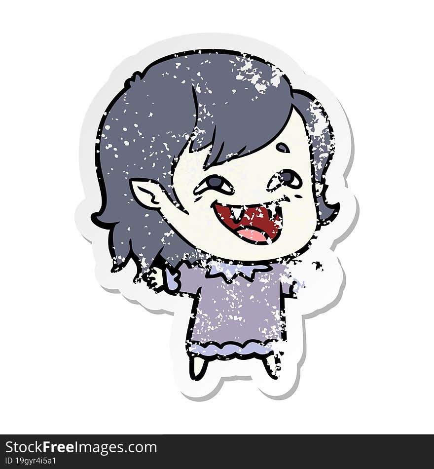 distressed sticker of a cartoon laughing vampire girl