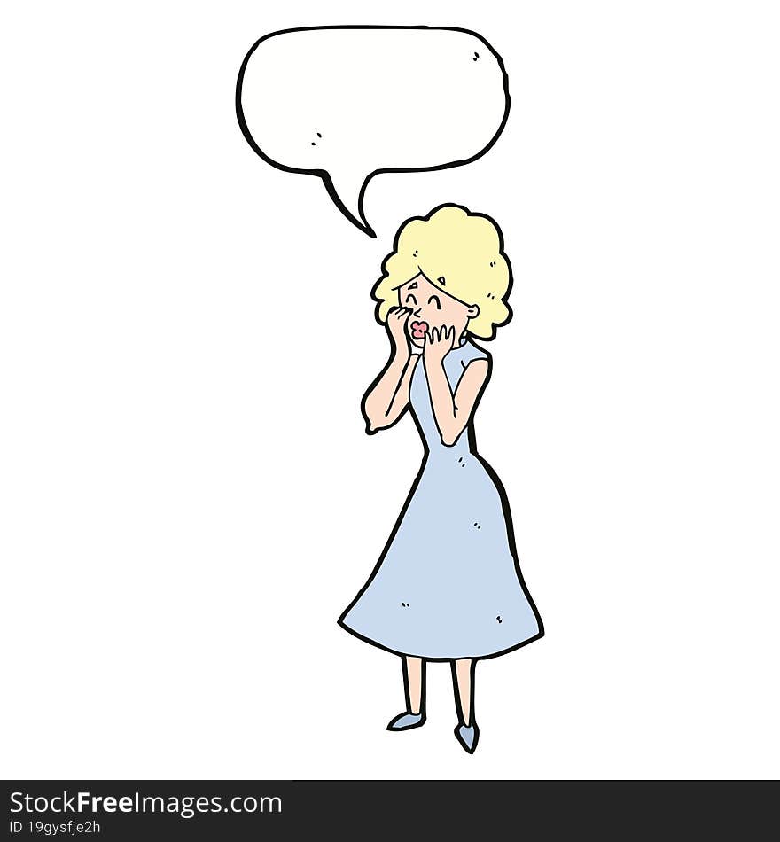 cartoon worried woman with speech bubble