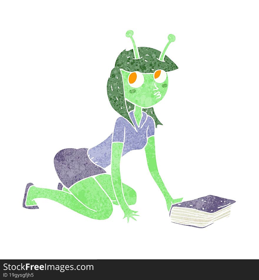 cartoon alien girl and book