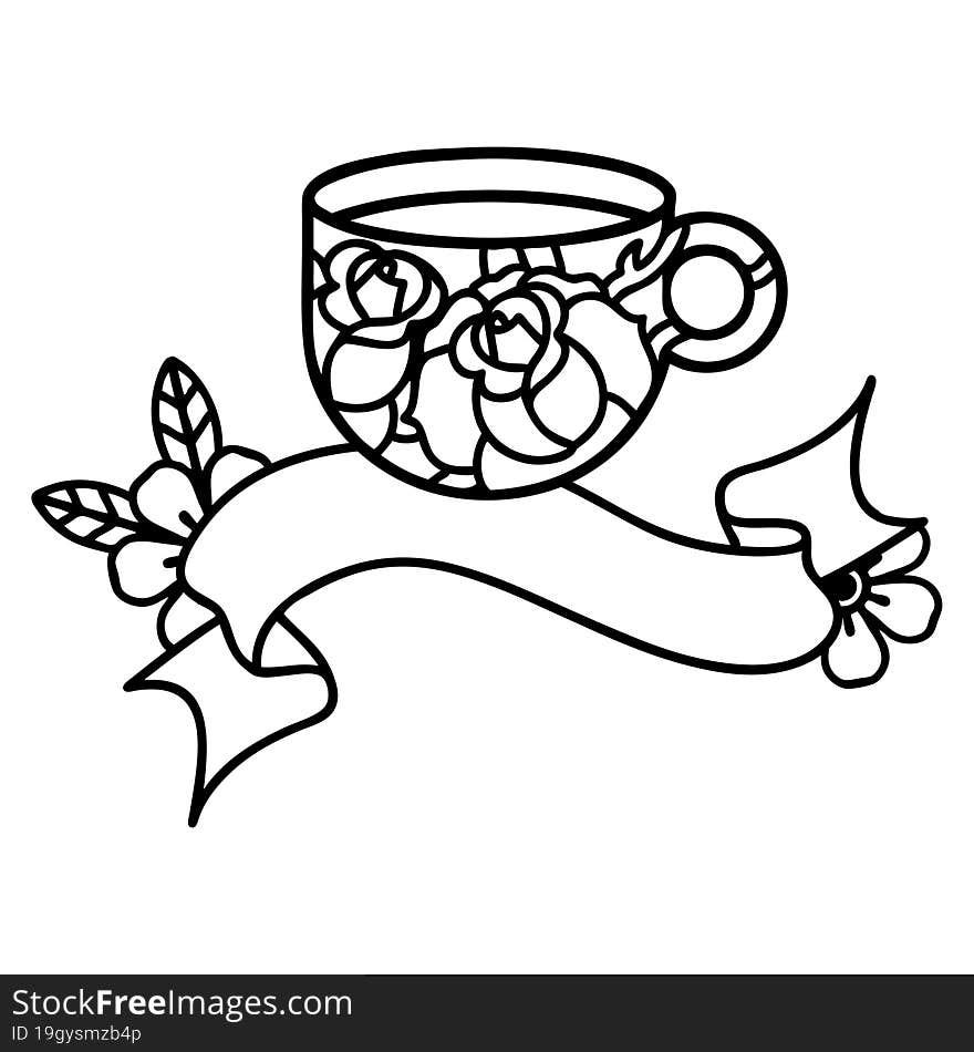 Black Linework Tattoo With Banner Of A Cup And Flowers