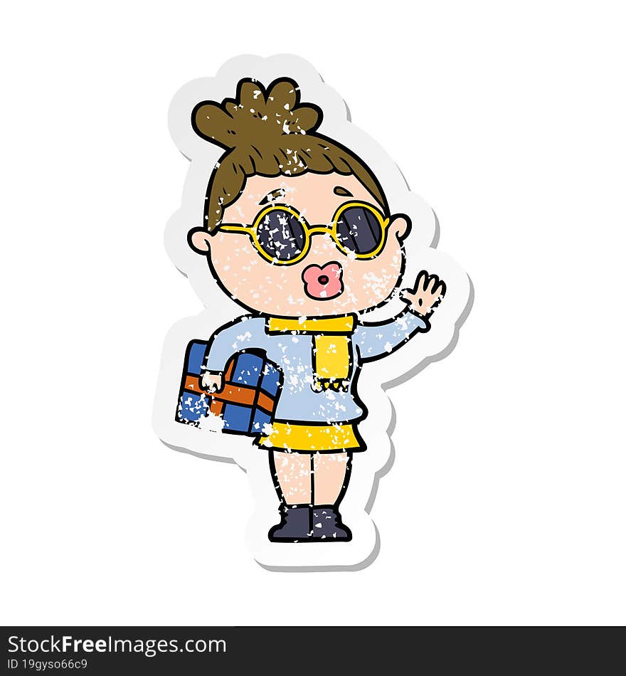 distressed sticker of a cartoon woman wearing sunglasses