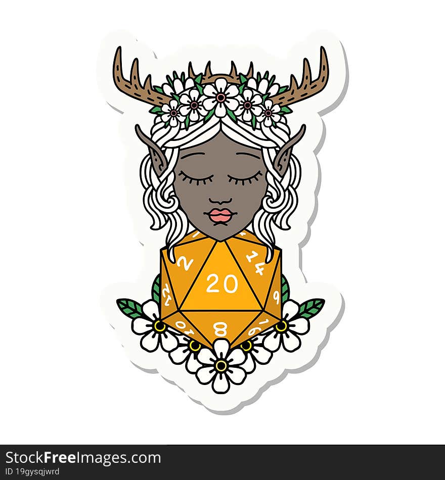 Elf Druid Character With Nautral Twenty Dice Roll Sticker