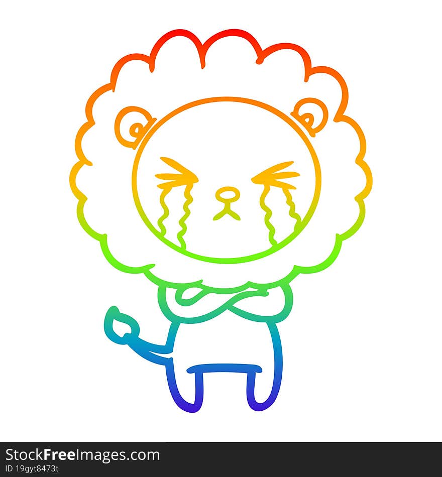 rainbow gradient line drawing of a cartoon crying lion with crossed arms