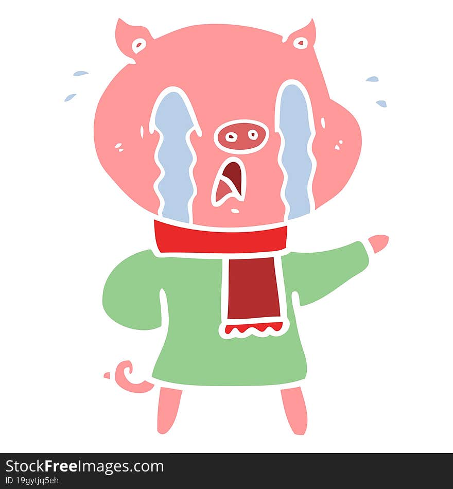 crying pig flat color style cartoon wearing human clothes