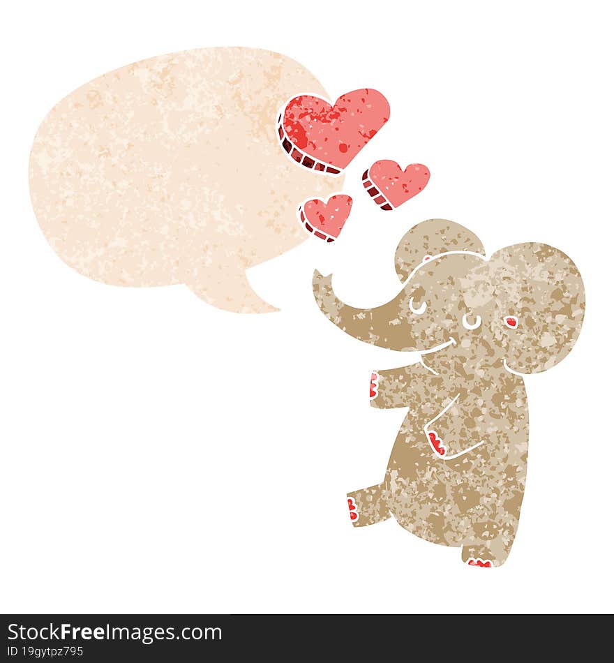 cartoon elephant with love hearts and speech bubble in retro textured style