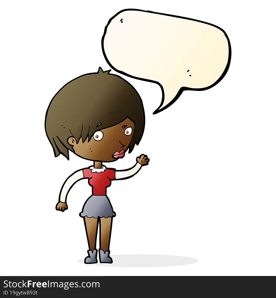 cartoon waving woman with speech bubble