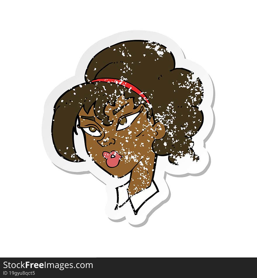 retro distressed sticker of a cartoon pretty woman