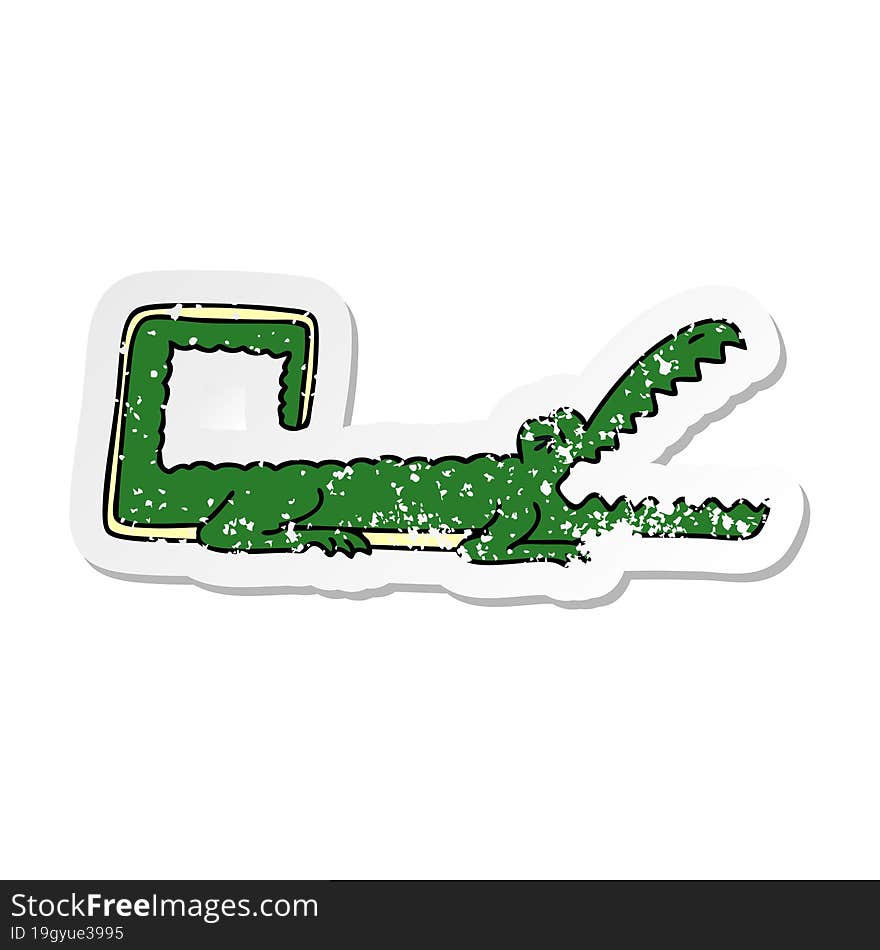 distressed sticker of a quirky hand drawn cartoon crocodile