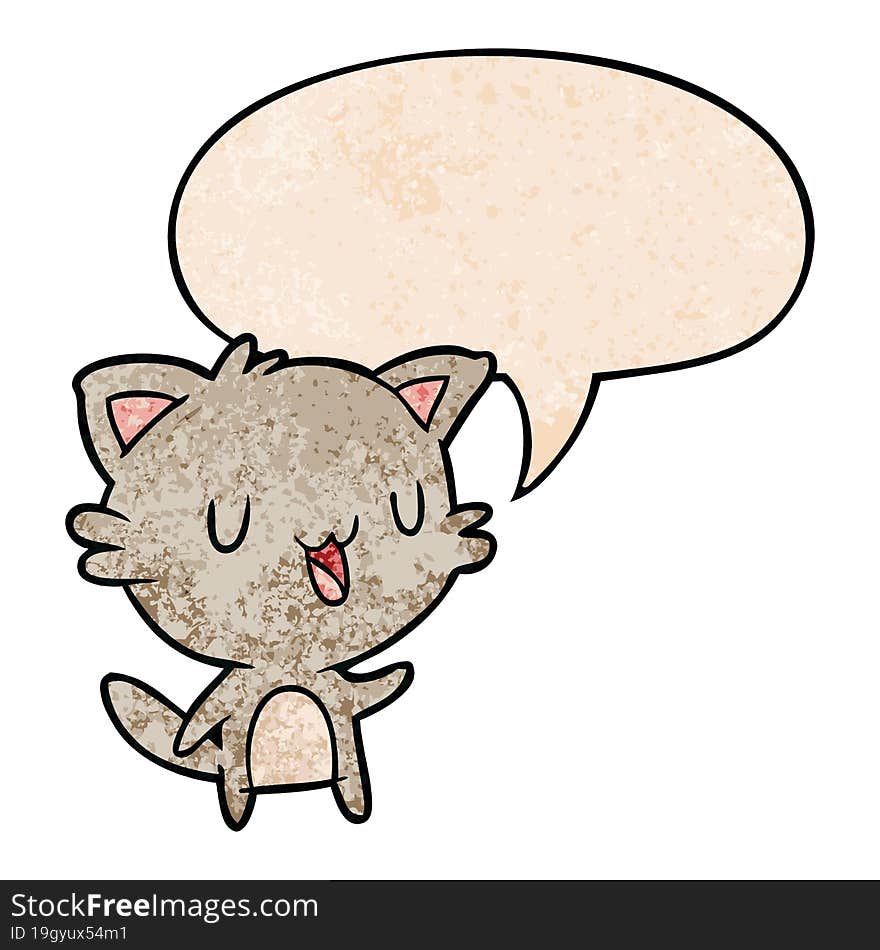 cartoon happy cat and speech bubble in retro texture style