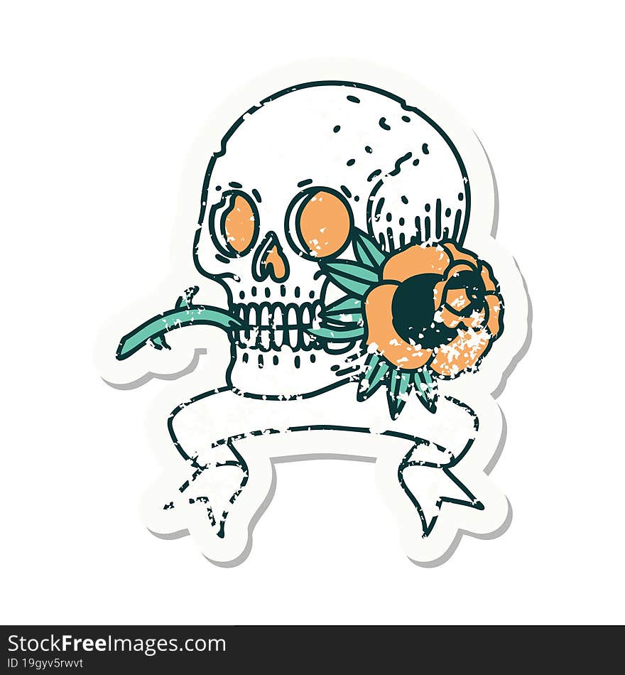 grunge sticker with banner of a skull and rose