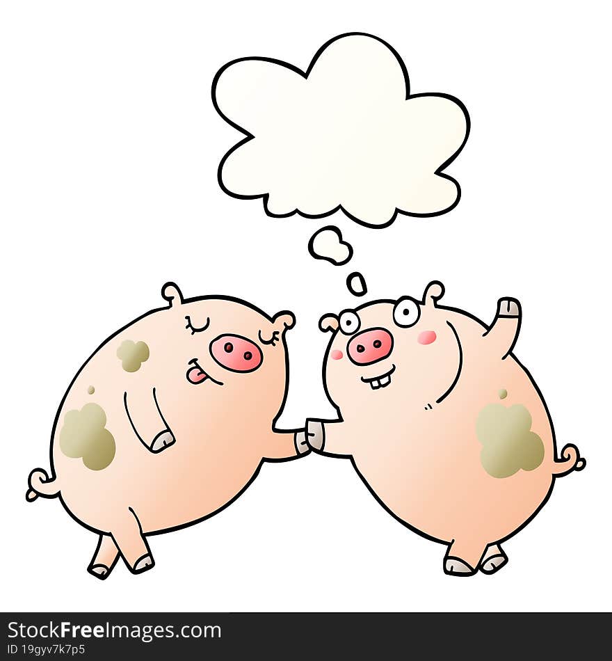 cartoon pigs dancing with thought bubble in smooth gradient style