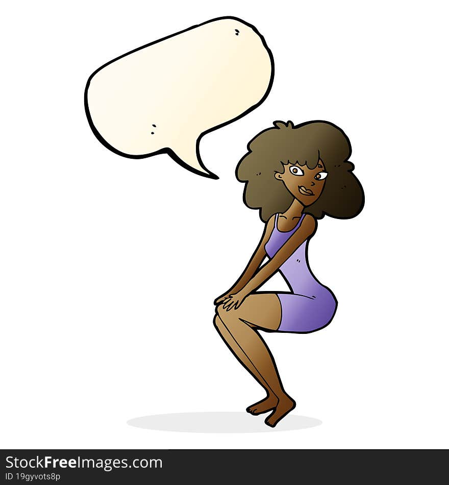 cartoon sitting woman in dress with speech bubble