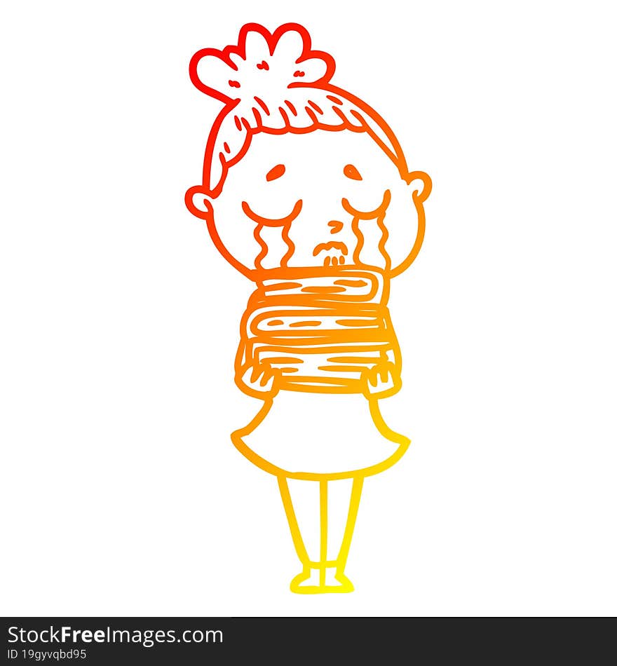 Warm Gradient Line Drawing Cartoon Crying Woman With Stack Of Books