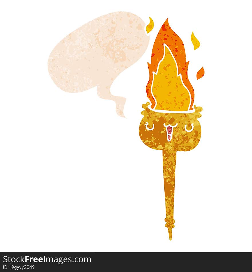 cartoon flaming torch and speech bubble in retro textured style