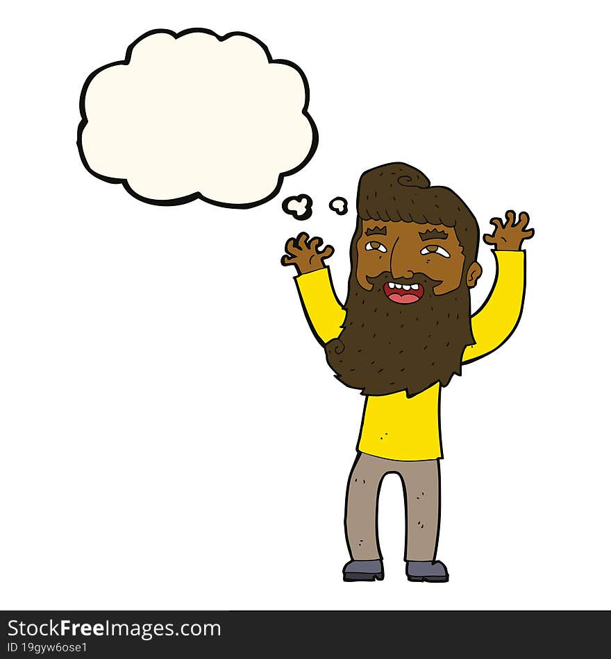 cartoon happy bearded man waving arms with thought bubble