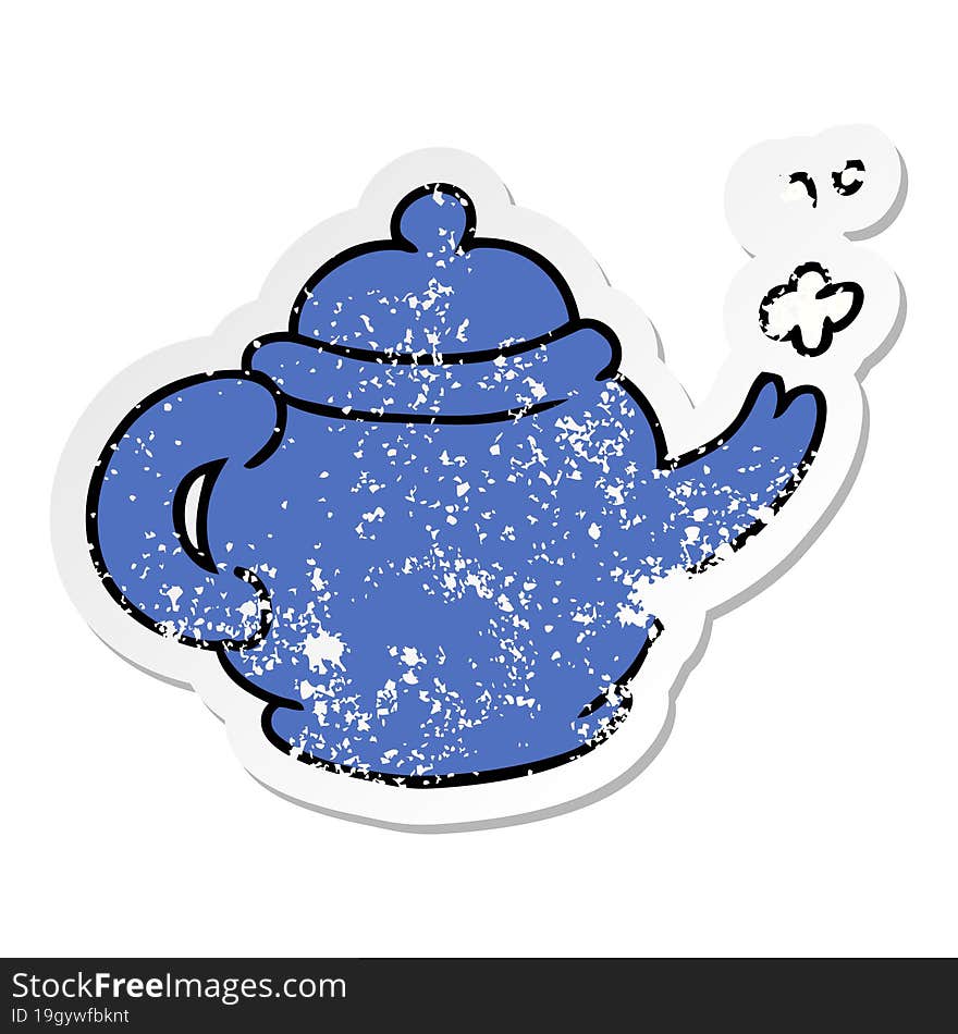 hand drawn distressed sticker cartoon doodle of a blue tea pot